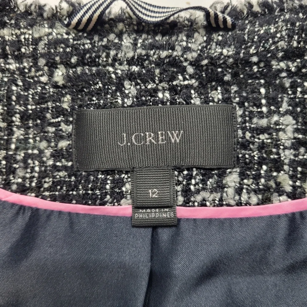 J Crew Tweed Swing Lady Jacket Raven Black Gray Wool Blend Fringe Line Large 12